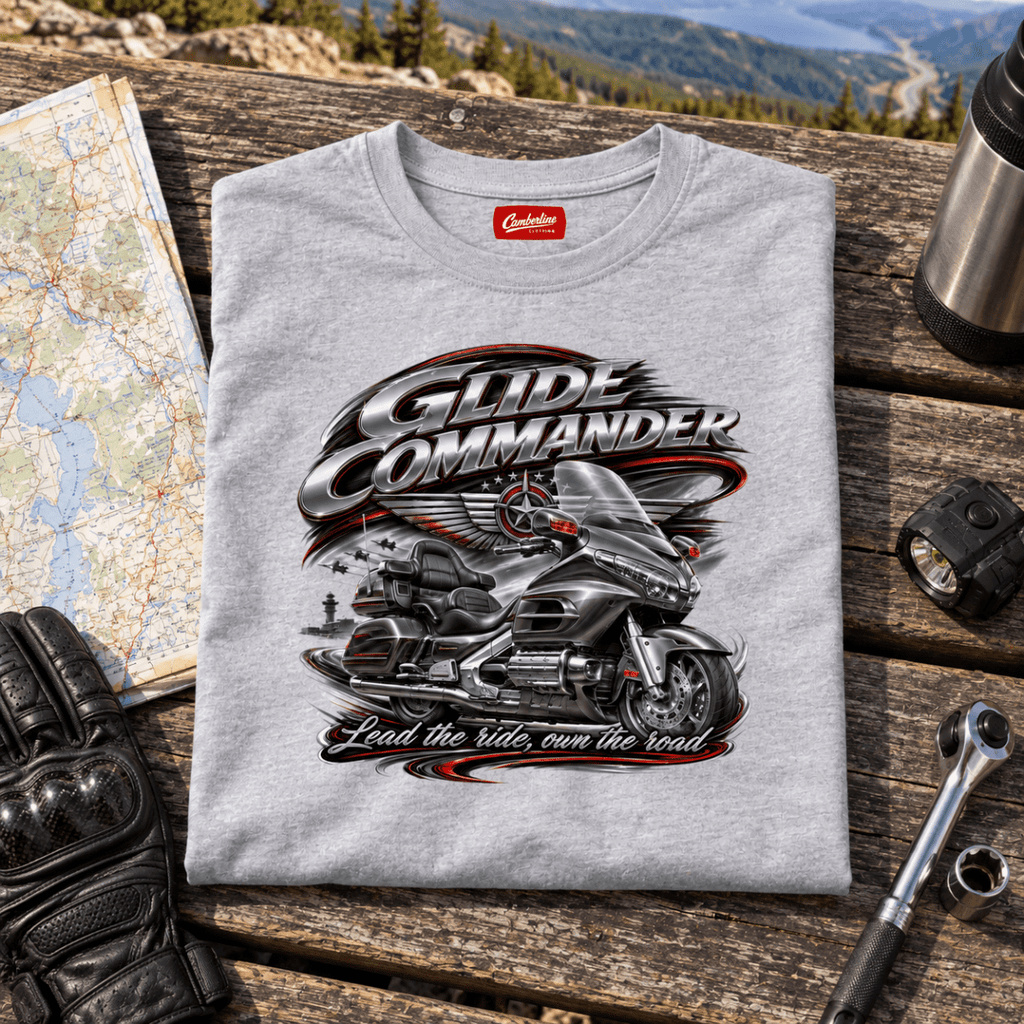 Camberline Touring Motorcycle Graphic T-Shirt - Glide Commander Luxury grey themed garment hero