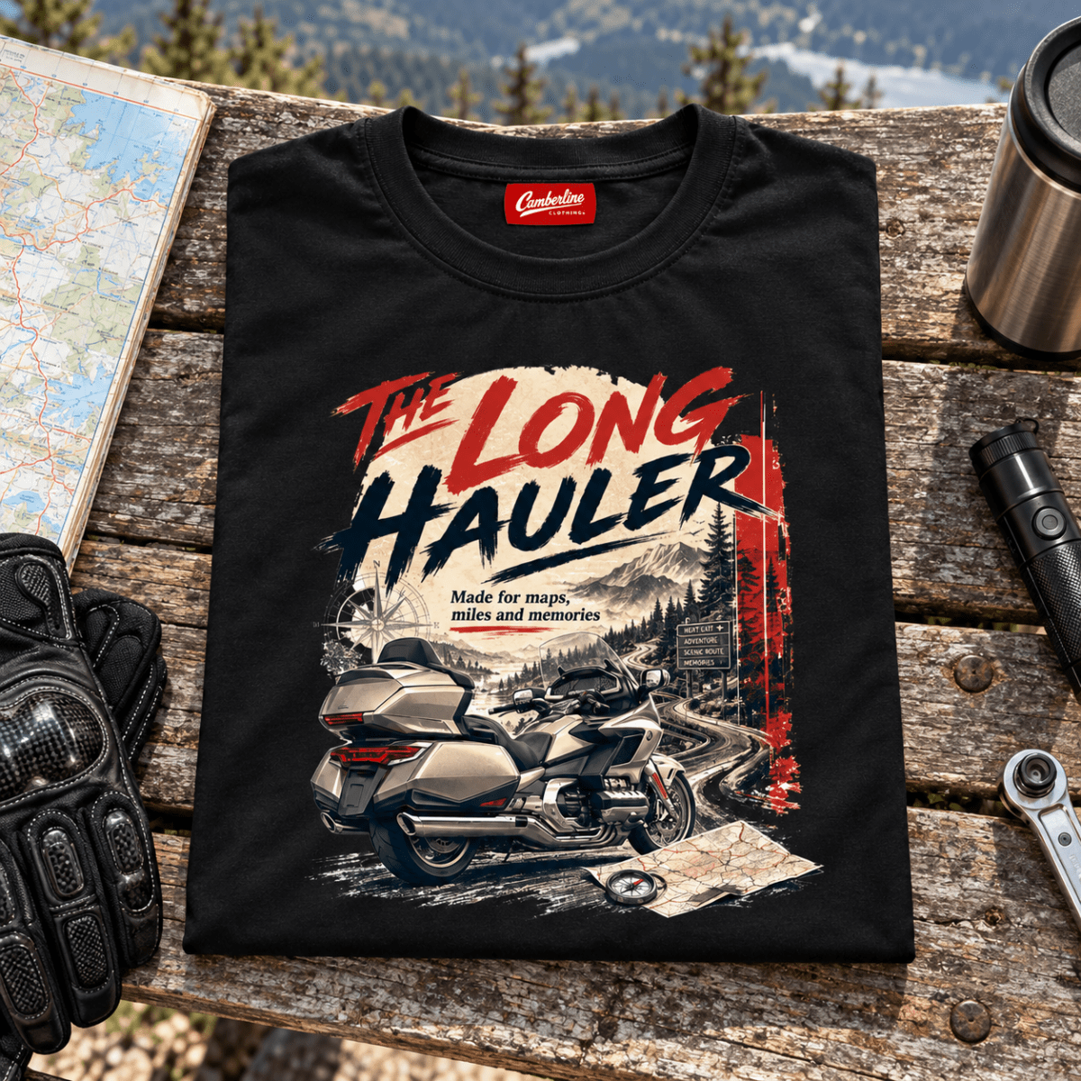 Camberline Touring Motorcycle Graphic T-Shirt - The Long Hauler black themed garment hero