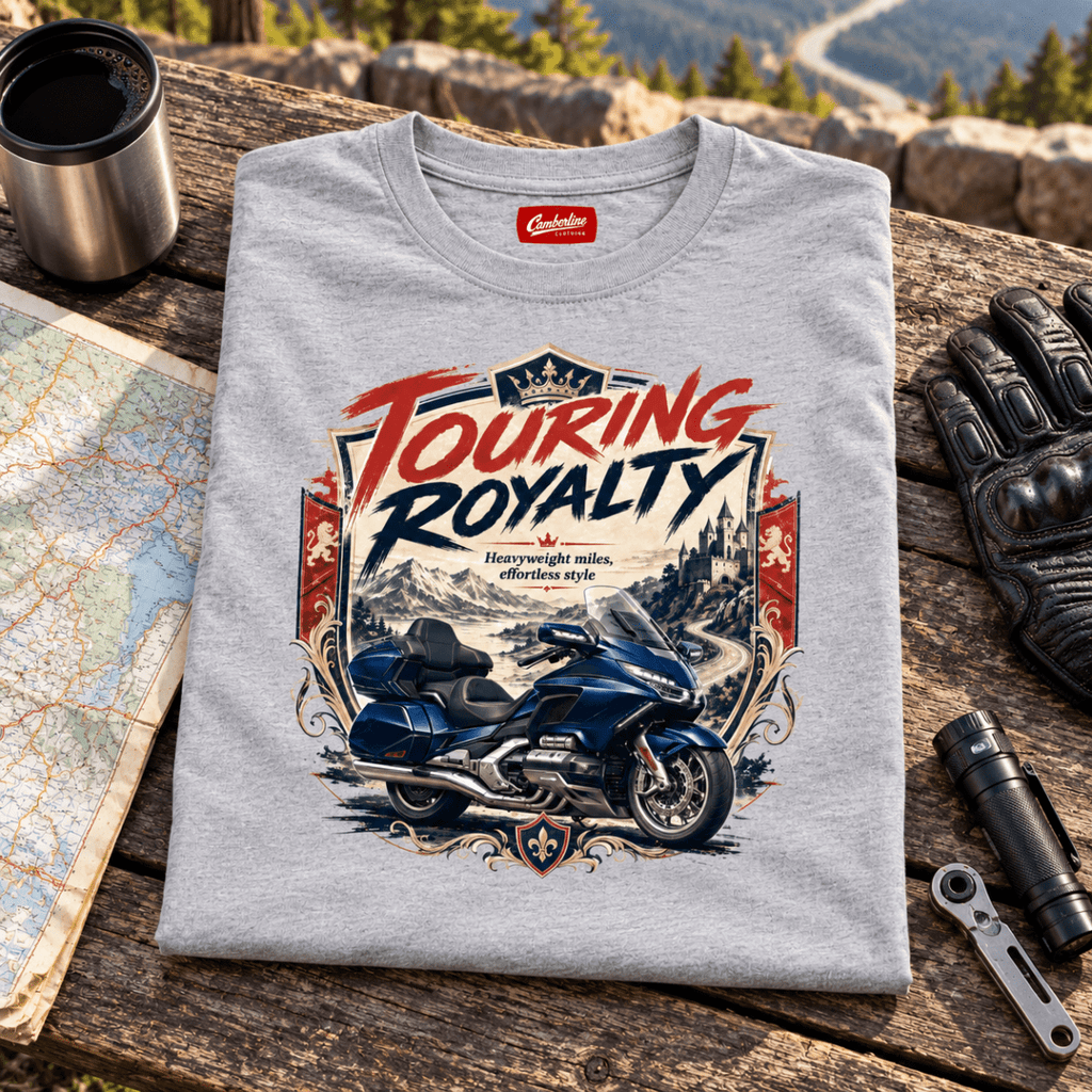 Camberline Touring Motorcycle Graphic T-Shirt - Touring Royalty Heavy grey themed garment hero