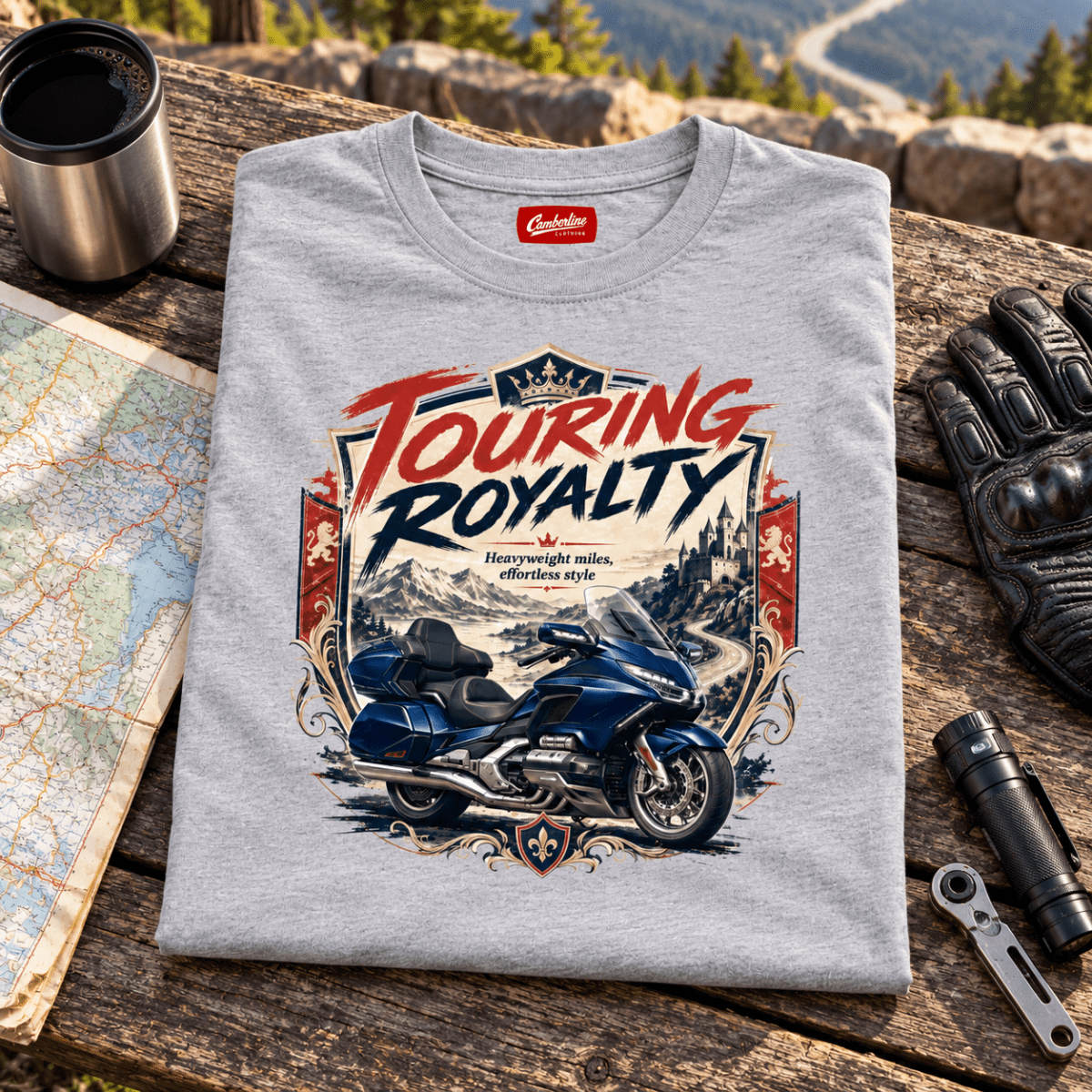 Camberline Touring Motorcycle Graphic T-Shirt - Touring Royalty Heavy grey themed garment hero