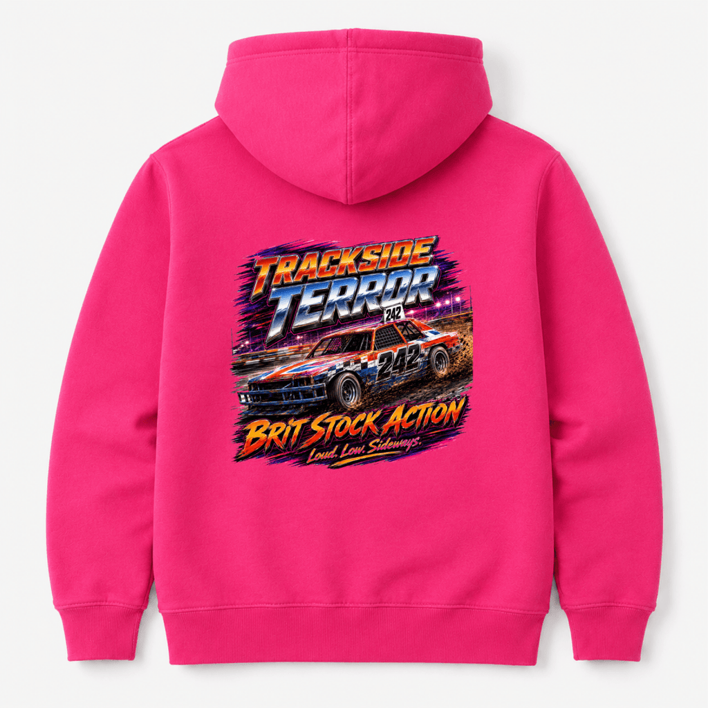 Camberline Trackside Terror British Stock Car Hot Pink hoodie, back graphic for British oval racing fans