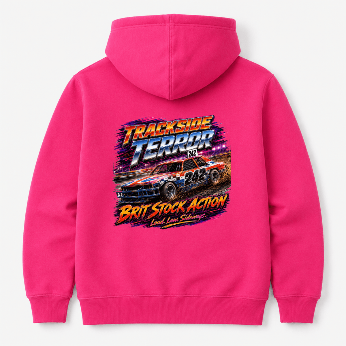 Camberline Trackside Terror British Stock Car Hot Pink hoodie, back graphic for British oval racing fans