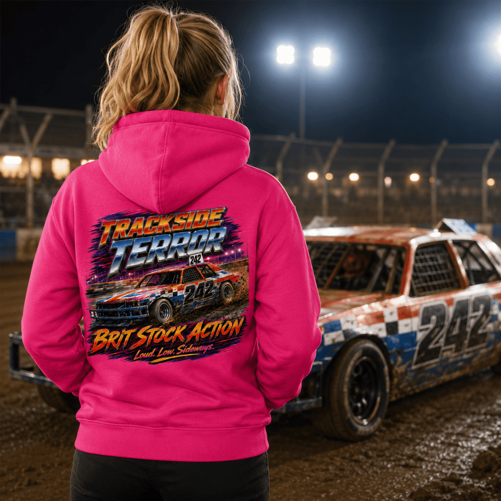 Model wearing Camberline Hot Pink hoodie showing Trackside Terror British Stock Car British oval racing back graphic