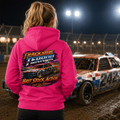 Model wearing Camberline Hot Pink hoodie showing Trackside Terror British Stock Car British oval racing back graphic