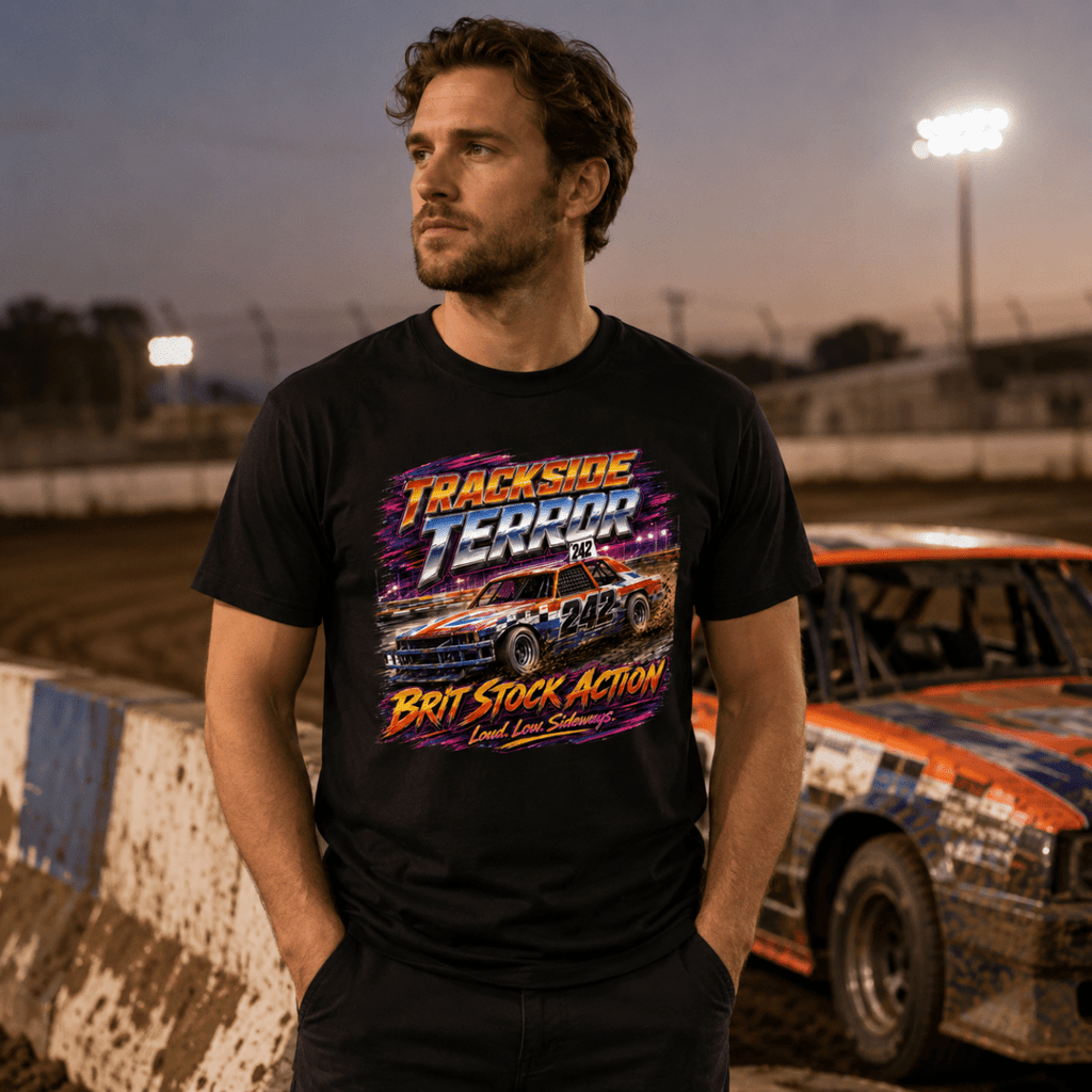 Model wearing Camberline Black t-shirt showing Trackside Terror British Stock Car British oval racing front graphic