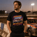 Model wearing Camberline Black t-shirt showing Trackside Terror British Stock Car British oval racing front graphic