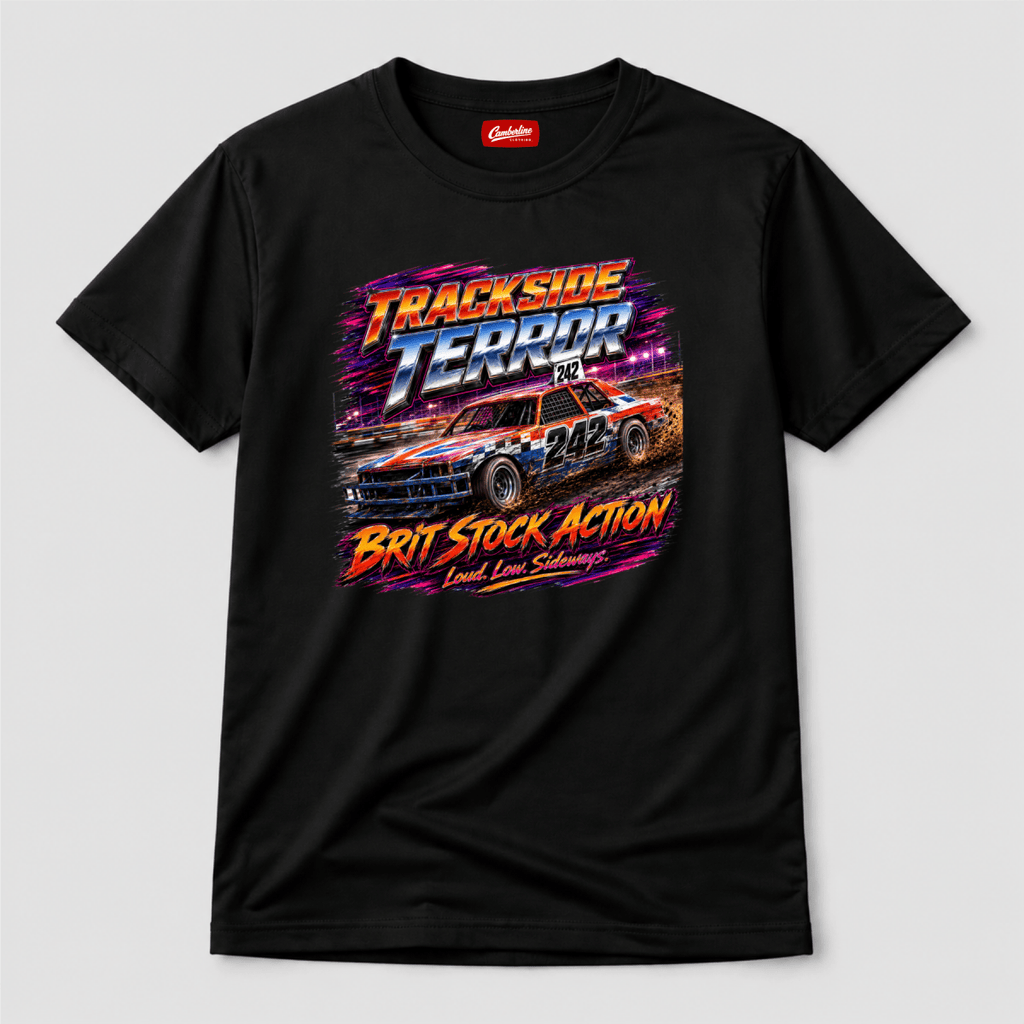 Camberline Trackside Terror British Stock Car Black t-shirt, front graphic for British oval racing fans