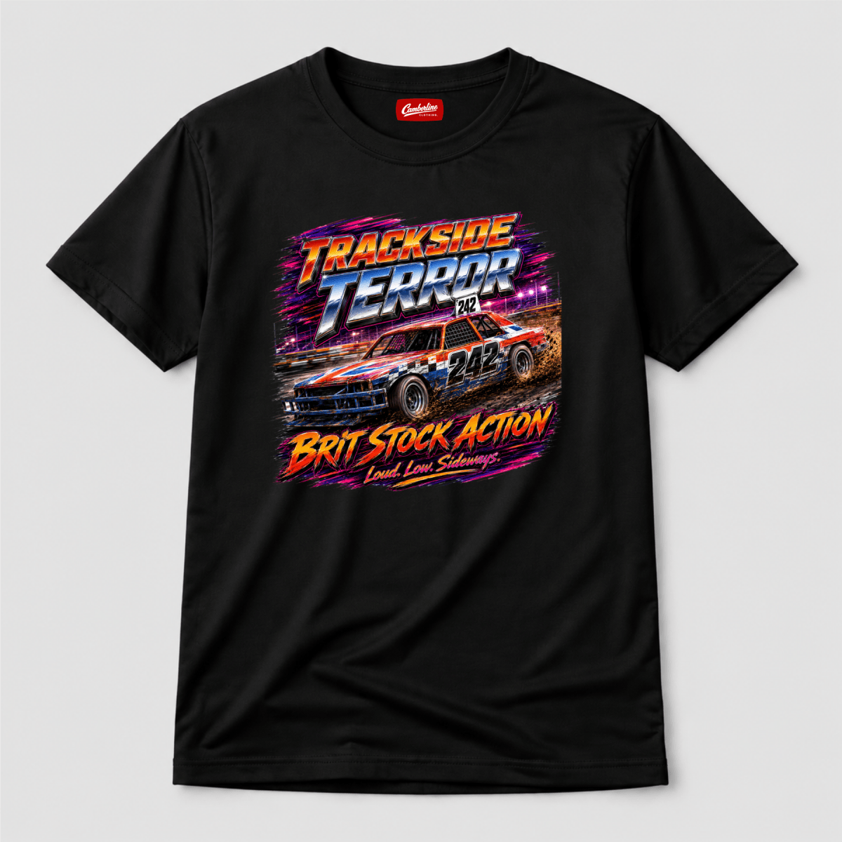 Camberline Trackside Terror British Stock Car Black t-shirt, front graphic for British oval racing fans