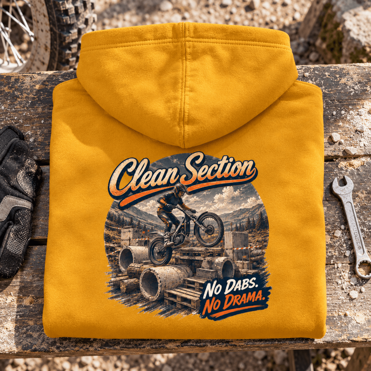 Camberline Trials Bike Graphic Hoodie - Clean Section mustard themed garment hero