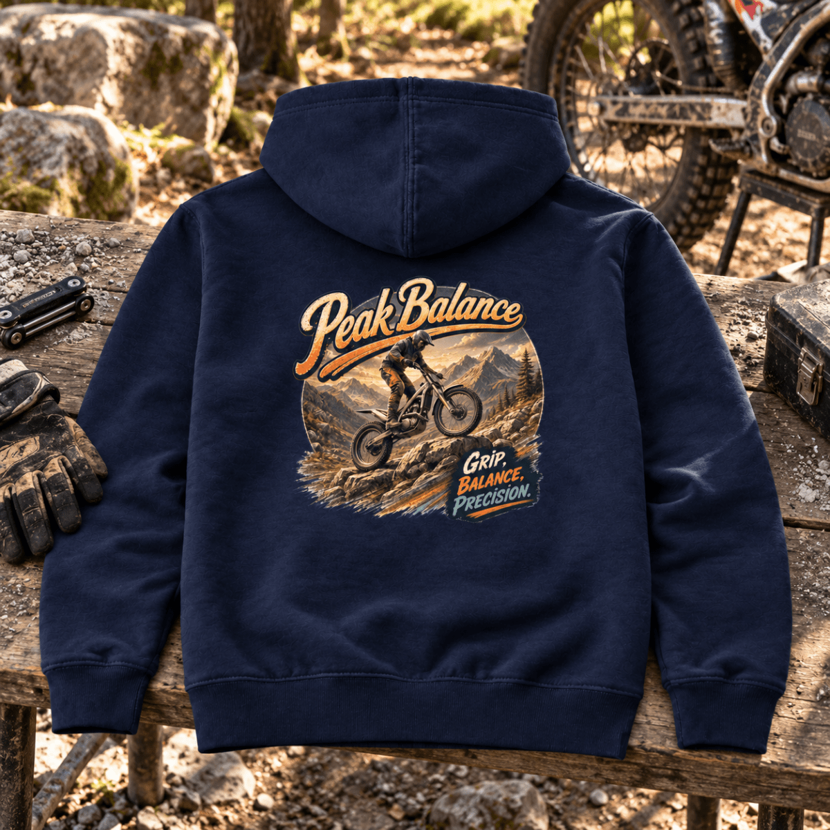 Camberline Trials Bike Graphic Hoodie - Peak Balance Off Road navy themed garment hero