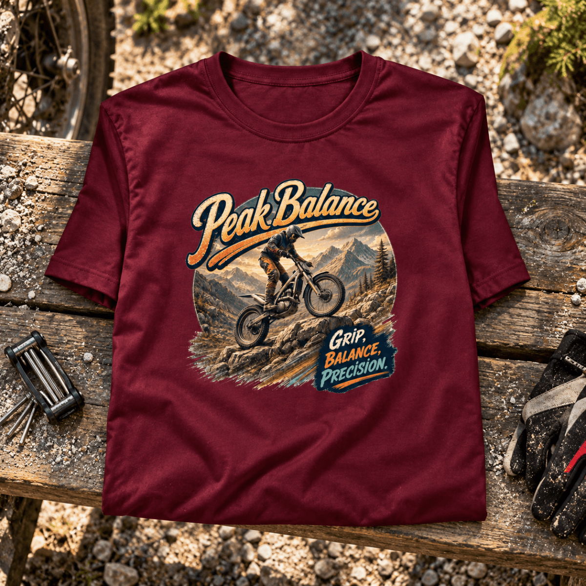 Camberline Trials Bike Graphic T-Shirt - Peak Balance Off Road burgundy themed garment hero