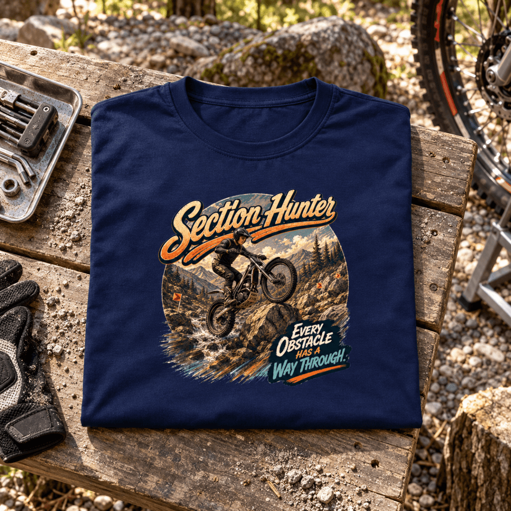 Camberline Trials Bike Graphic T-Shirt - Section Hunter Off Road navy themed garment hero