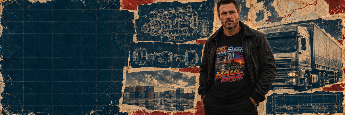 A man wearing a black leather jacket and a black graphic t-shirt with a colorful 'Ride With The Best' print, standing in front of a distressed, collage-style background featuring a semi-truck and blue blueprint textures.