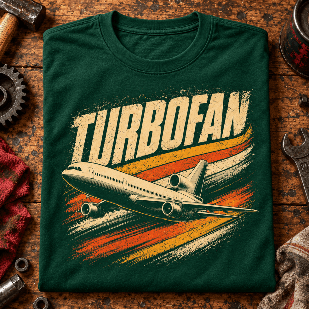 Turbofan Trijet Airliner t-shirt in Bottle Green, folded on a workshop bench, showing the front print