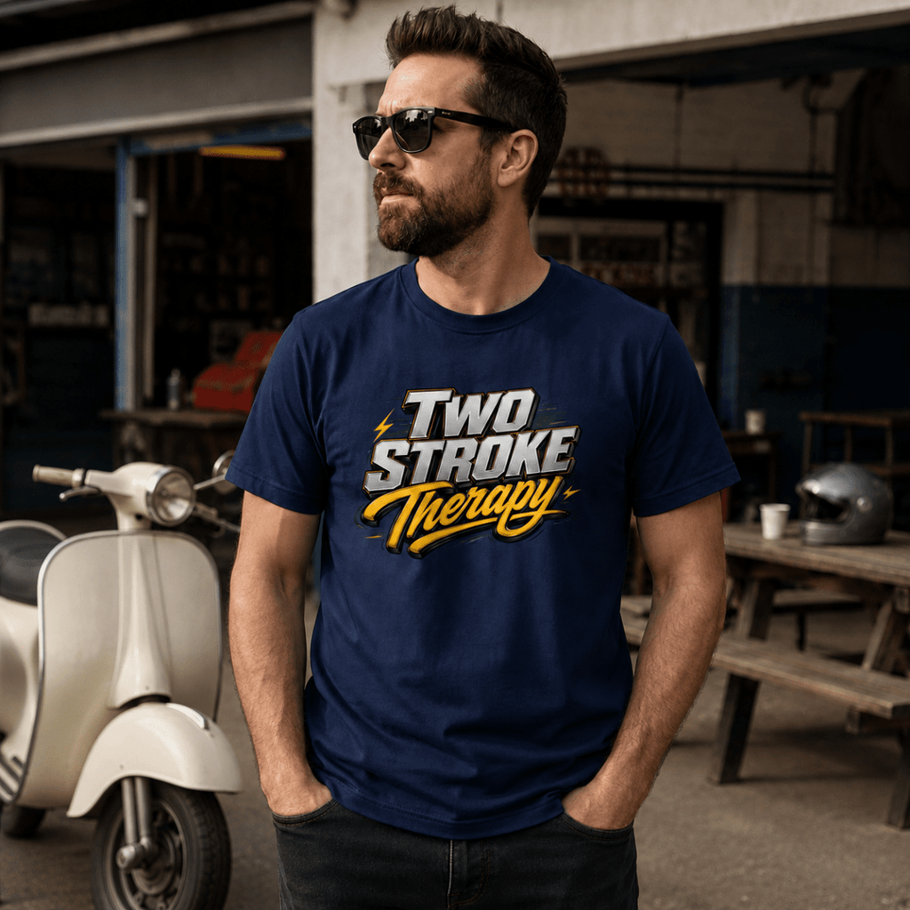 Two Stroke Therapy Script Motorcycle t-shirt navy — Camberline