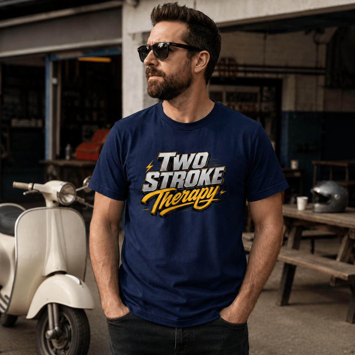 Two Stroke Therapy Script Motorcycle t-shirt navy — Camberline