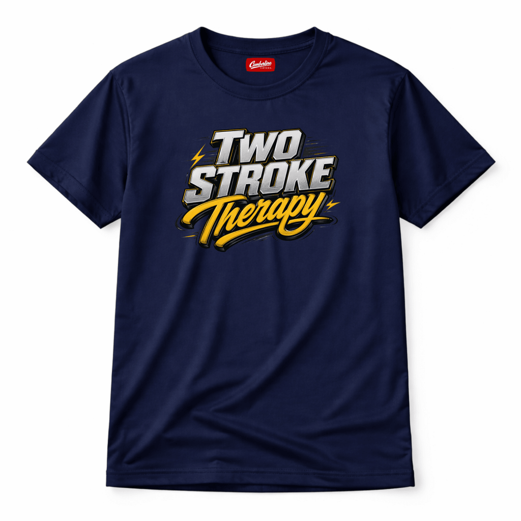 Two Stroke Therapy Script Motorcycle t-shirt navy — Camberline