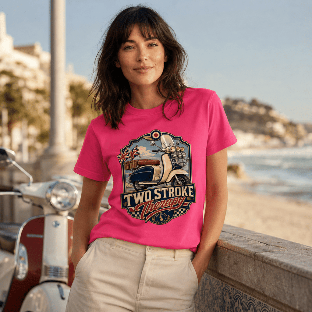 Two Stroke Therapy British Scooter t-shirt hot pink — Camberline