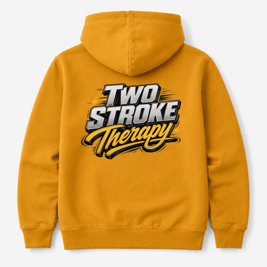 Camberline mustard yellow motorcycle hoodie with bold chrome and gold Two Stroke Therapy back print, rear view