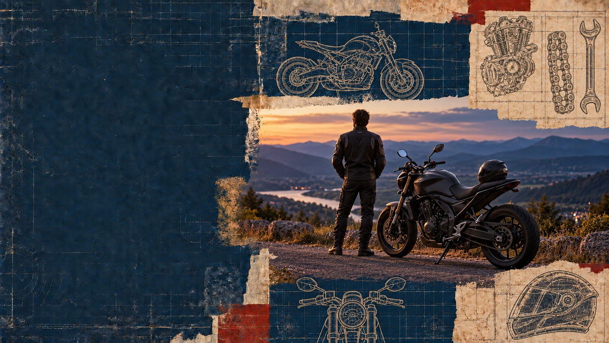 A motorcycle stands on a mountain overlook at sunset while a person in dark riding gear stands beside it, framed by a distressed collage of blue and beige motorcycle-themed graphics and line drawings.