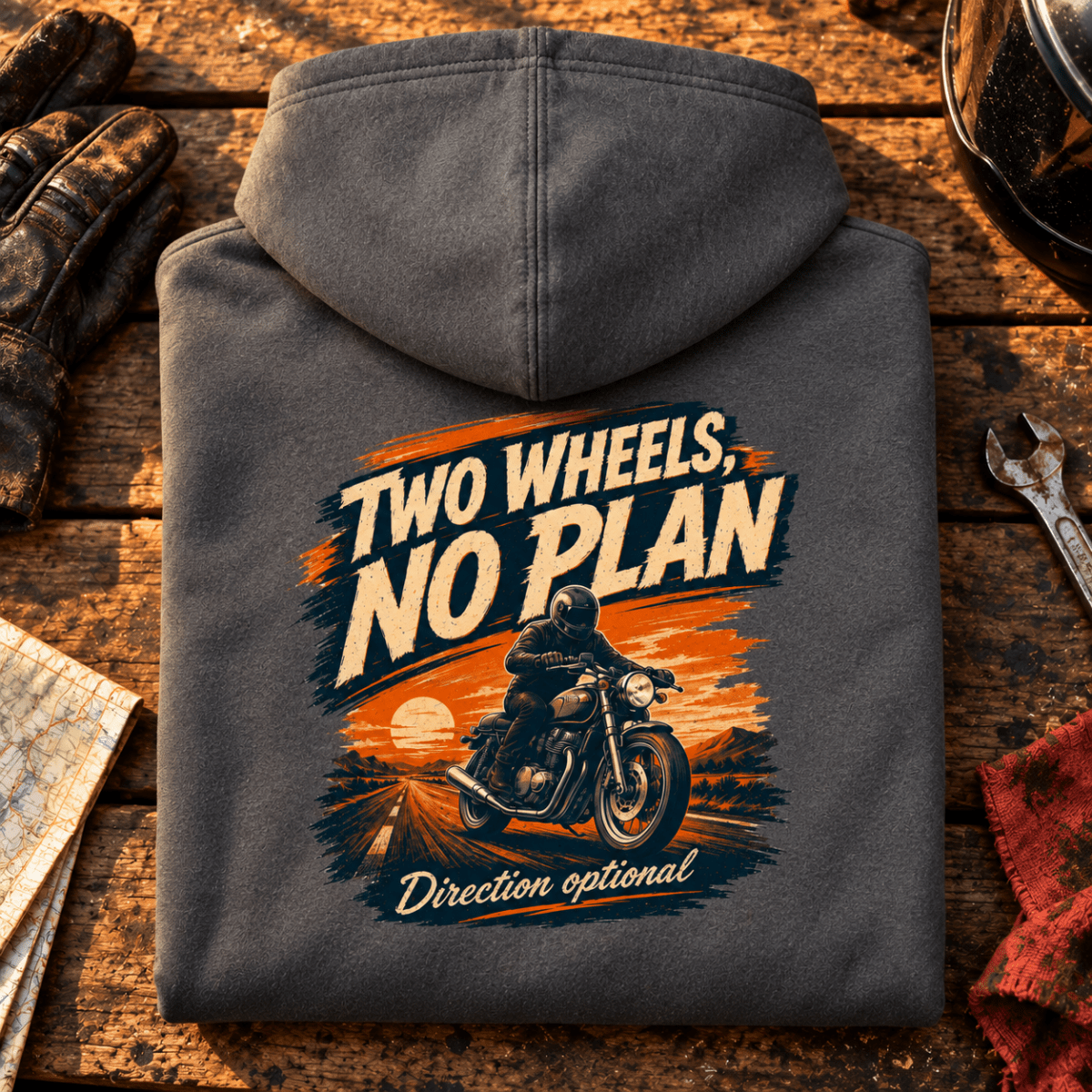Camberline Two Wheels No Plan heather grey motorcycle hoodie back print in an open-road rider setting