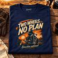 Camberline Two Wheels No Plan navy motorcycle T-shirt front print in an open-road rider setting