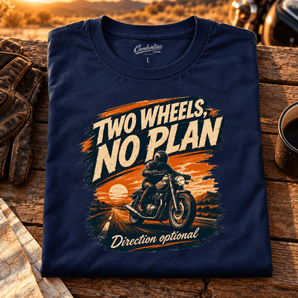 Camberline Two Wheels No Plan navy motorcycle T-shirt front print in an open-road rider setting