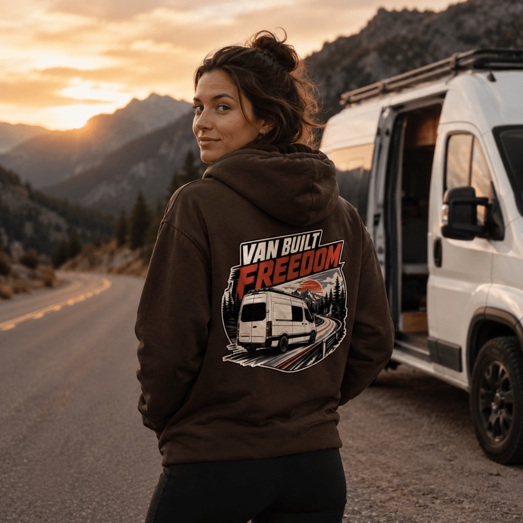 Model wearing Camberline chocolate brown van life hoodie showing Van Built Freedom panel van on elevated road at sunset on back
