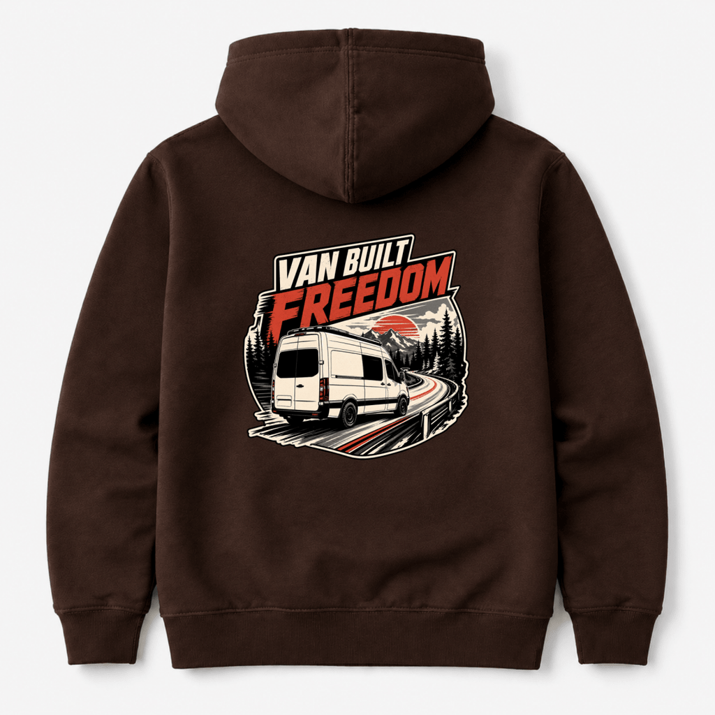 Camberline Van Built Freedom panel van on elevated road at sunset, chocolate brown hoodie, back view