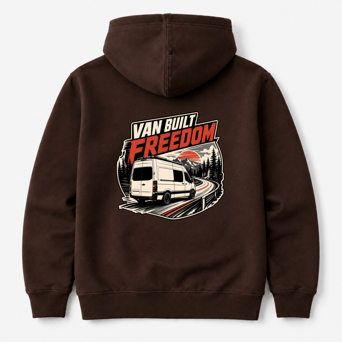 Camberline Van Built Freedom panel van on elevated road at sunset, chocolate brown hoodie, back view