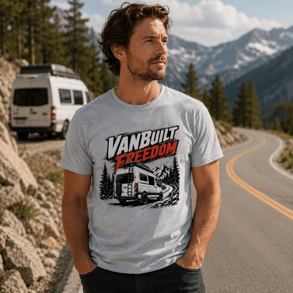 Model wearing Camberline grey marl van life t-shirt showing VanBuilt Freedom rear-view high-roof van with ladder on mountain track on chest