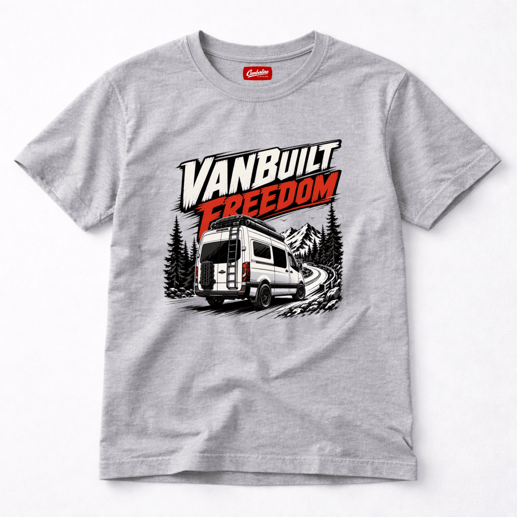 Camberline VanBuilt Freedom rear-view high-roof van with ladder on mountain track, grey marl t-shirt, front view