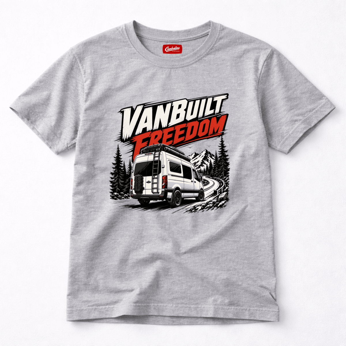 Camberline VanBuilt Freedom rear-view high-roof van with ladder on mountain track, grey marl t-shirt, front view