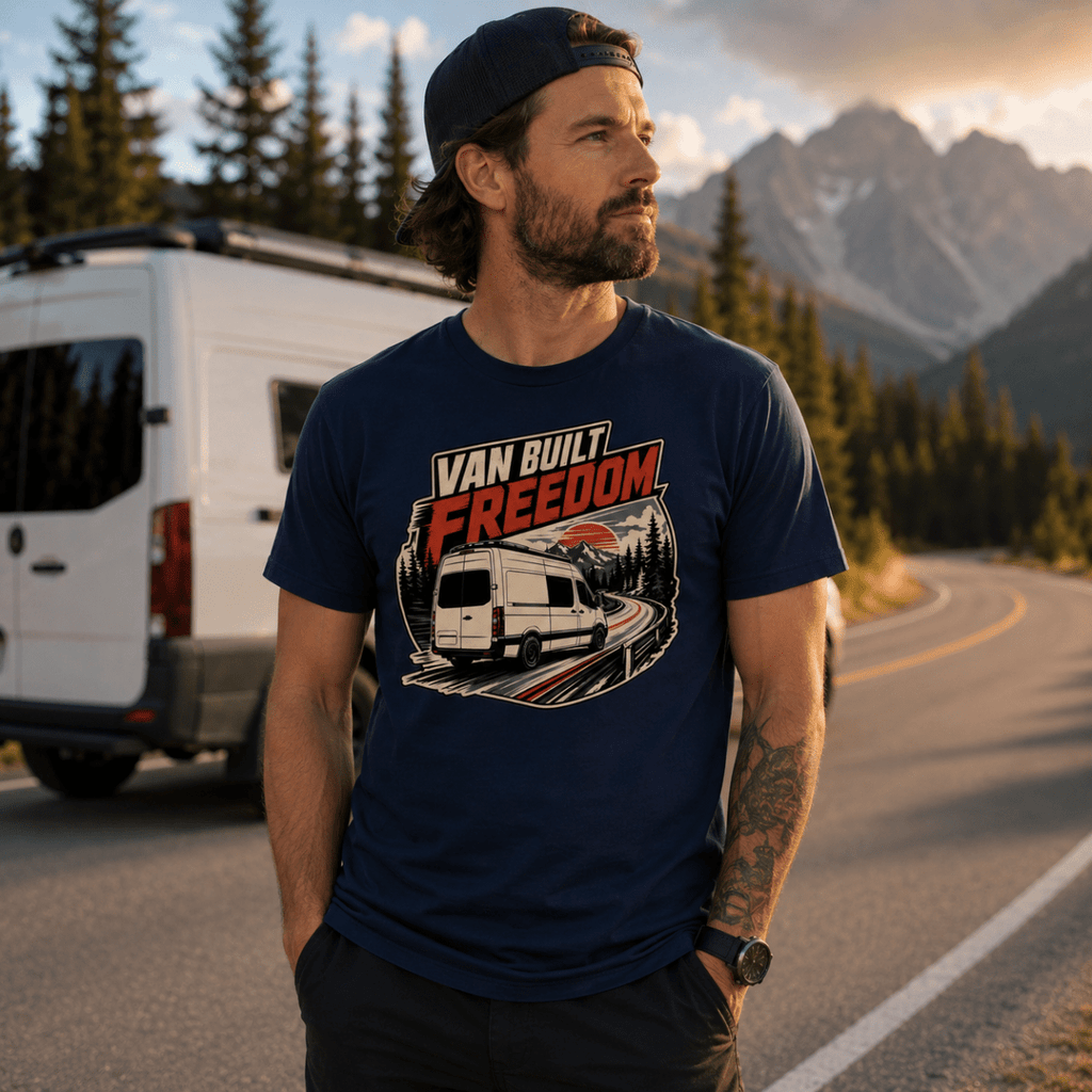 Model wearing Camberline navy van life t-shirt showing Van Built Freedom rear-view panel van on mountain road at red sunset on chest