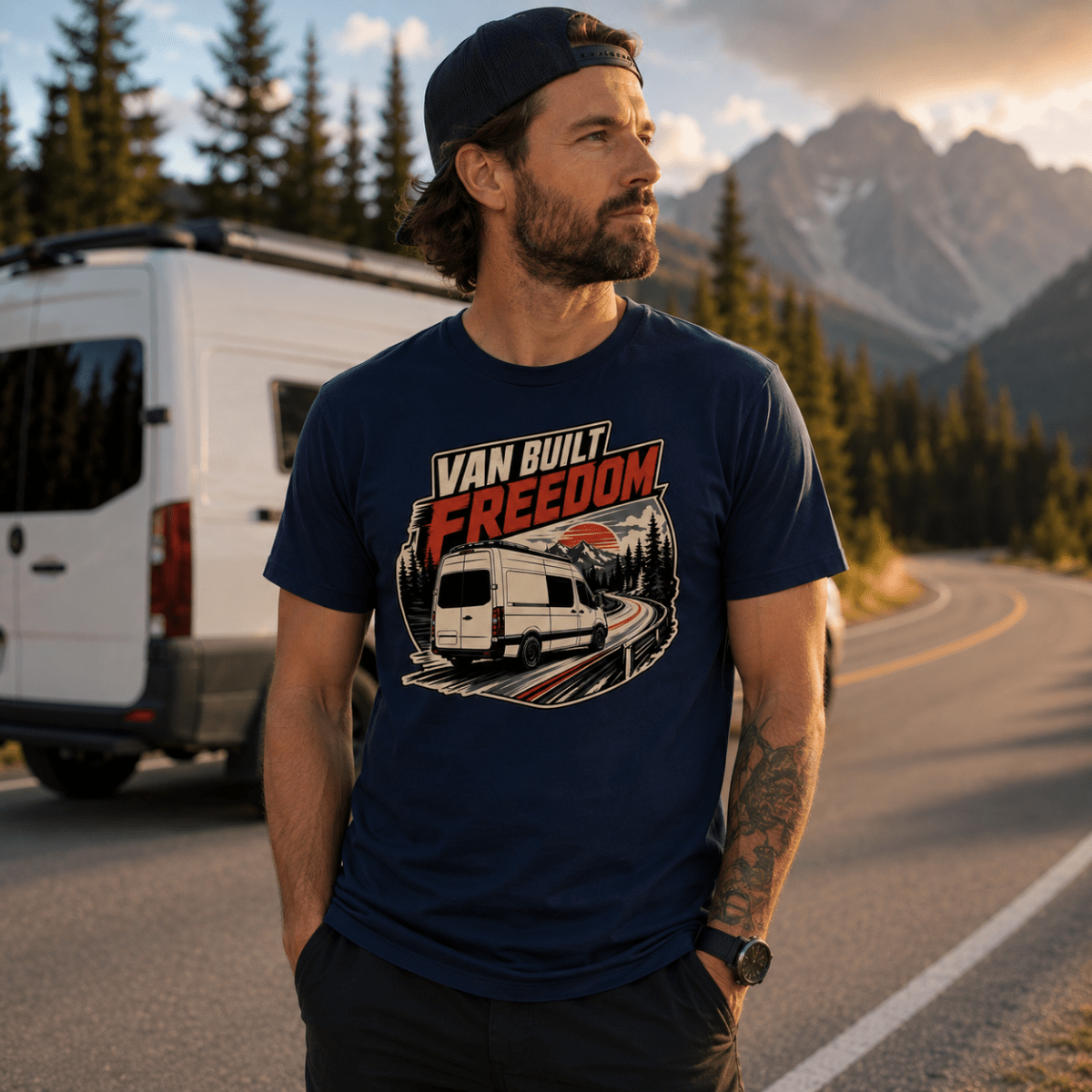 Model wearing Camberline navy van life t-shirt showing Van Built Freedom rear-view panel van on mountain road at red sunset on chest