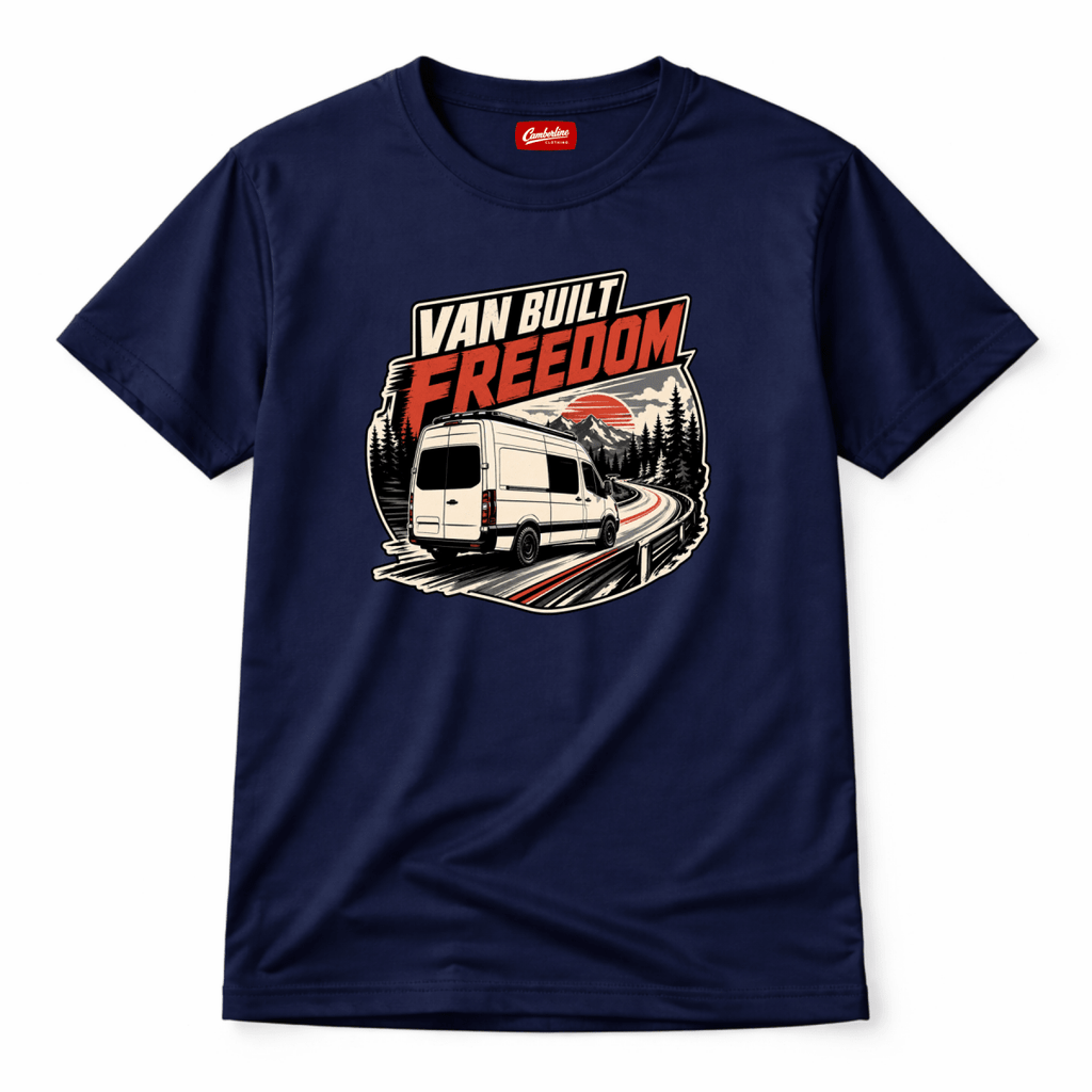 Camberline Van Built Freedom rear-view panel van on mountain road at red sunset, navy t-shirt, front view