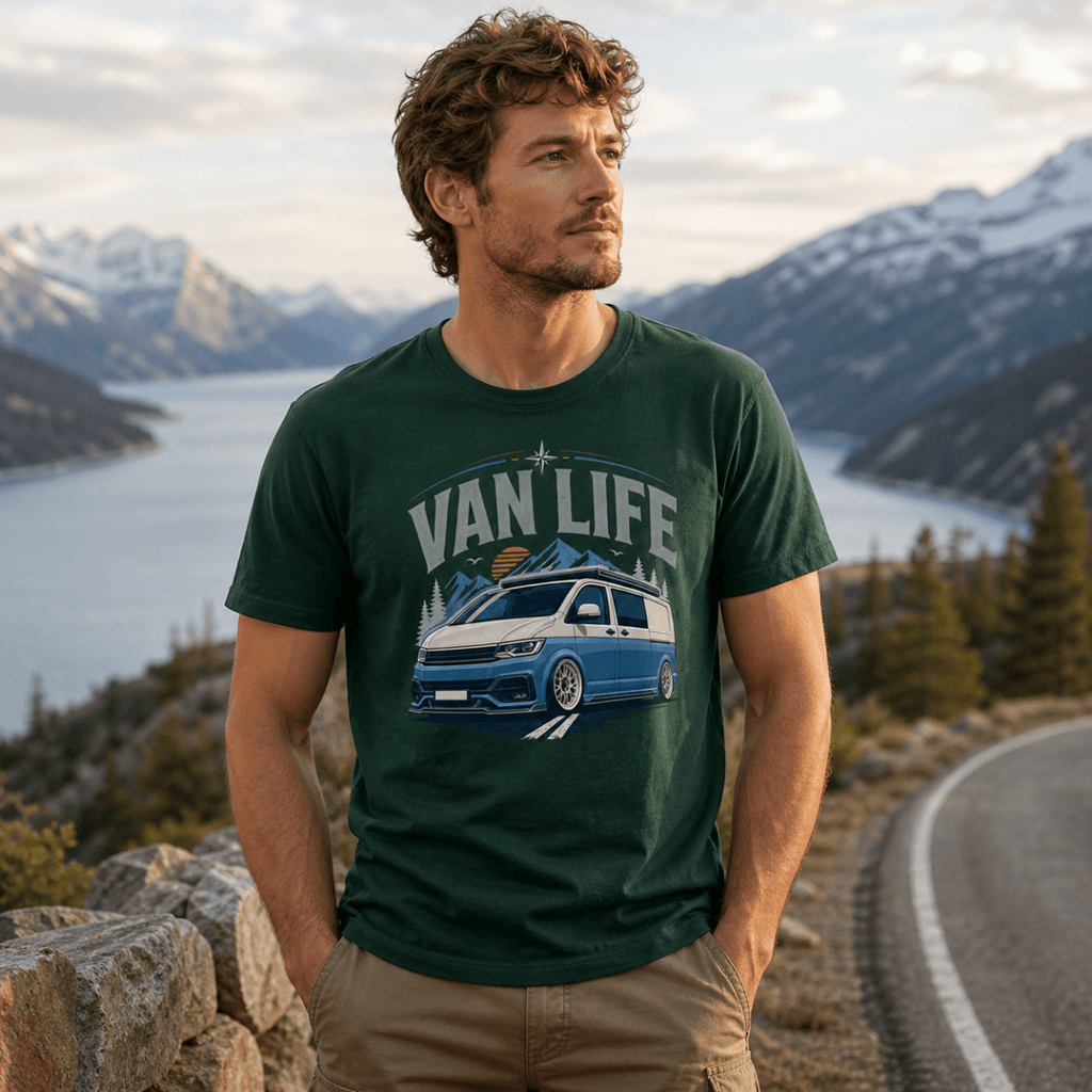 Man wearing a 'Van Life' t-shirt with a scenic background