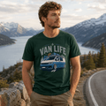 Man wearing a 'Van Life' t-shirt with a scenic background