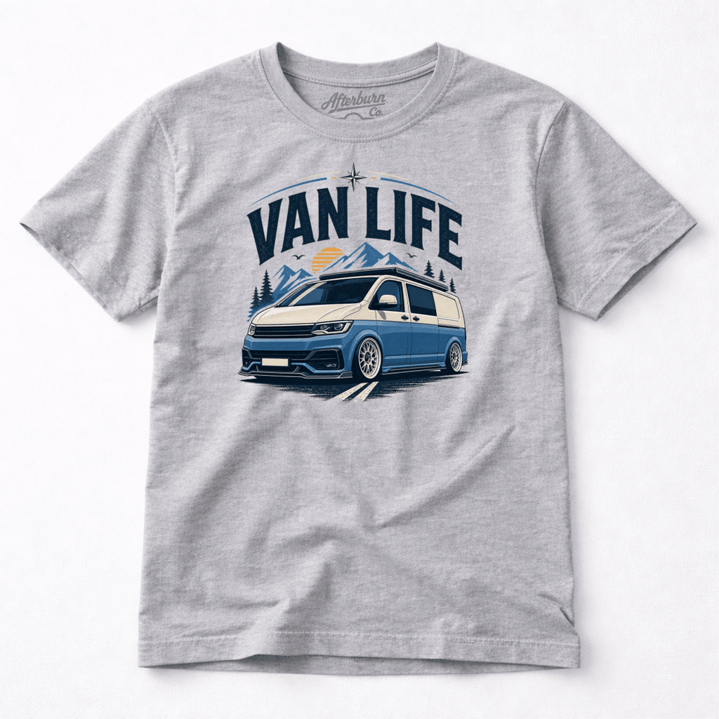 Gray t-shirt with 'Van Life' graphic design featuring a van and mountains on a white background.