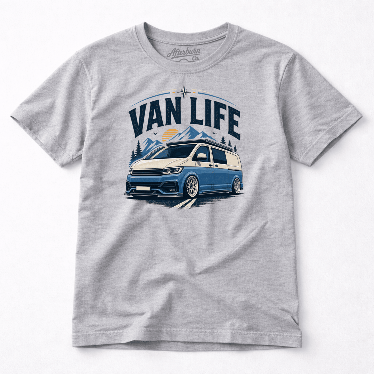 Gray t-shirt with 'Van Life' graphic design featuring a van and mountains on a white background.