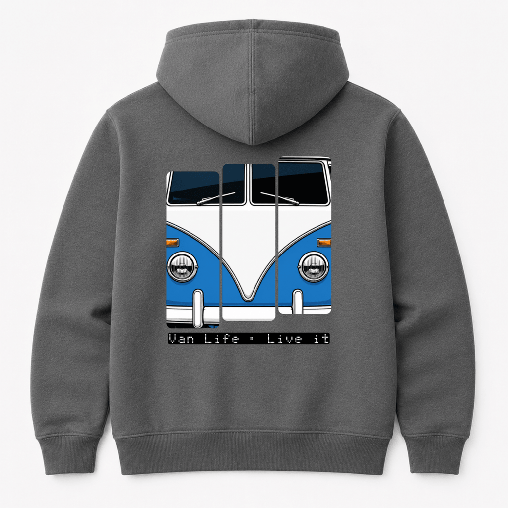 Gray hoodie with a blue and white van graphic on the back, featuring the text 'Van Life Live it'.