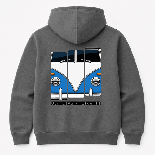 Gray hoodie with a blue and white van graphic on the back, featuring the text 'Van Life Live it'.