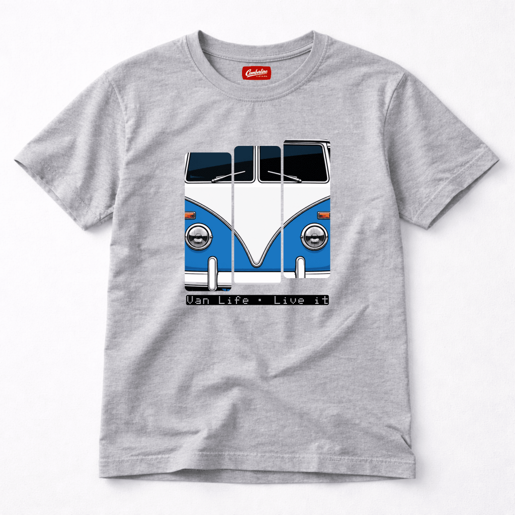 Gray t-shirt with a blue and white van graphic and 'Van Life Live It' text on a white background.