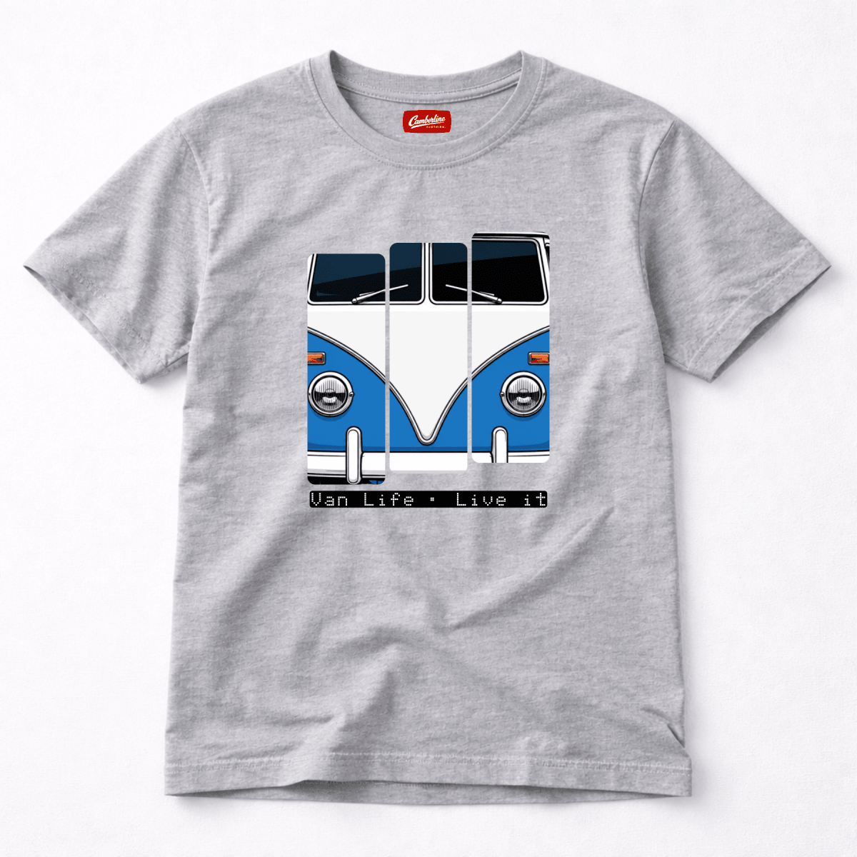 Gray t-shirt with a blue and white van graphic and 'Van Life Live It' text on a white background.