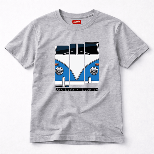 Gray t-shirt with a blue and white van graphic and 'Van Life Live It' text on a white background.