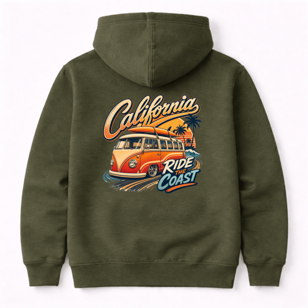 Green hoodie with 'California Ride the Coast' graphic on the back