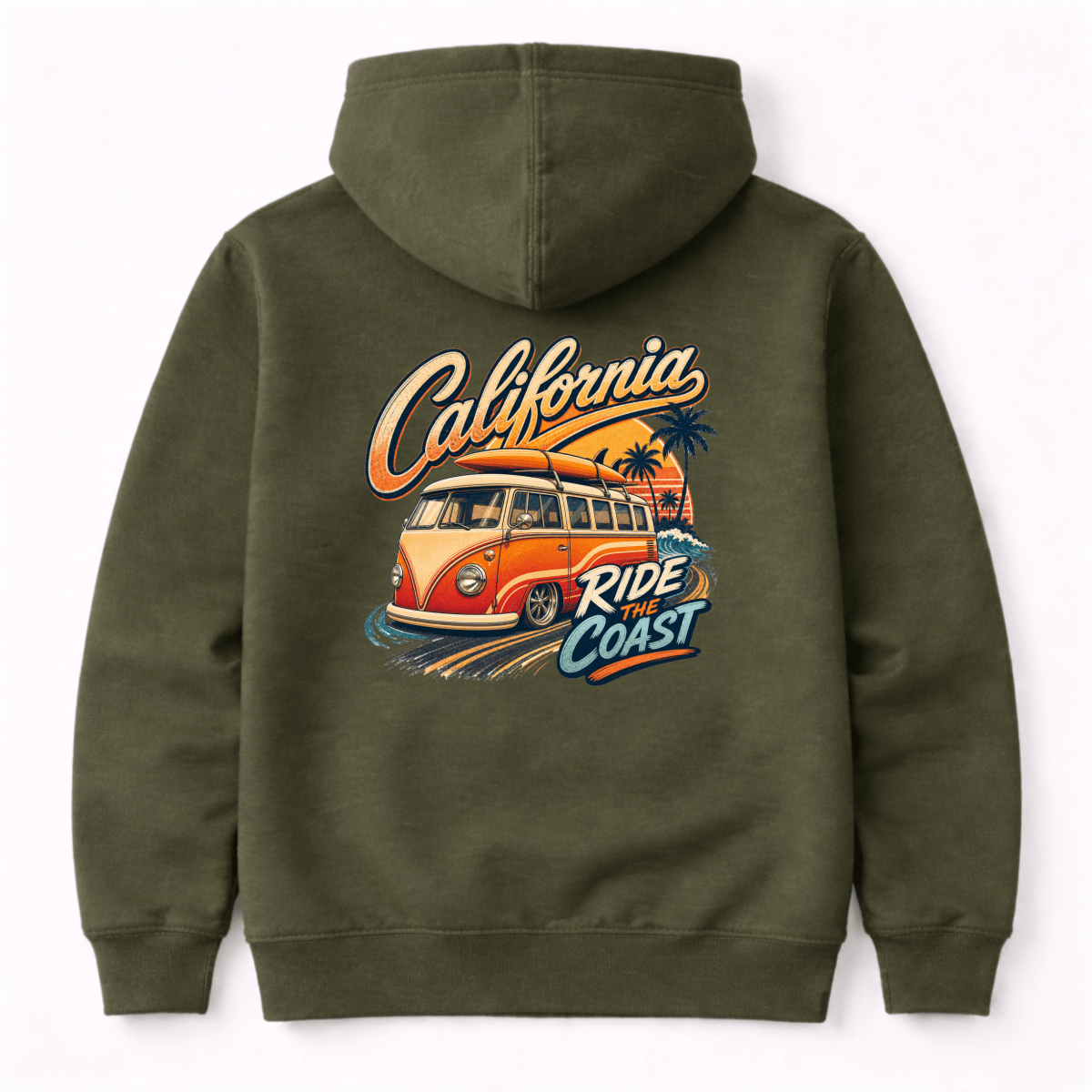 Green hoodie with 'California Ride the Coast' graphic on the back