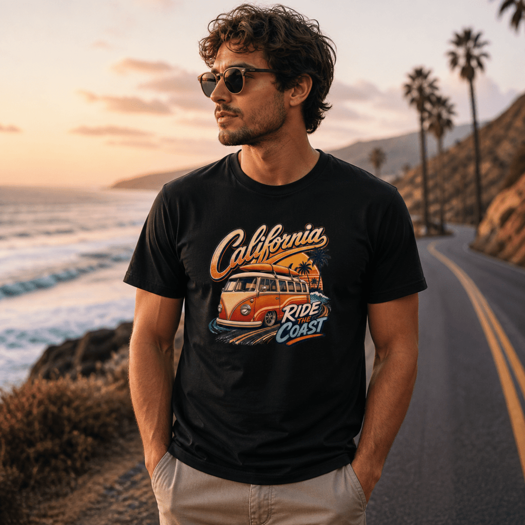 Man wearing a 'California Ride Coast' t-shirt with a scenic background.