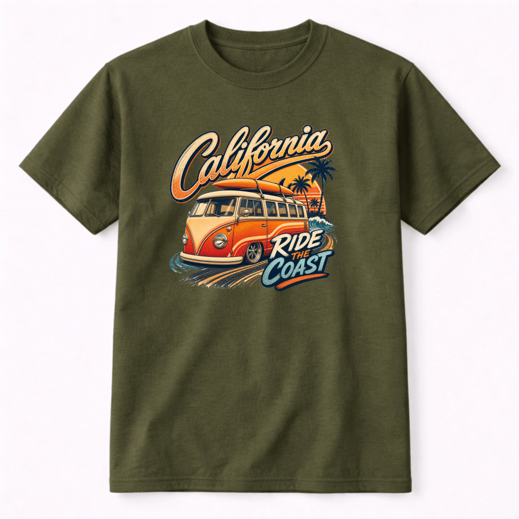 Green t-shirt with a graphic of a van and 'California Ride the Coast' text on a white background
