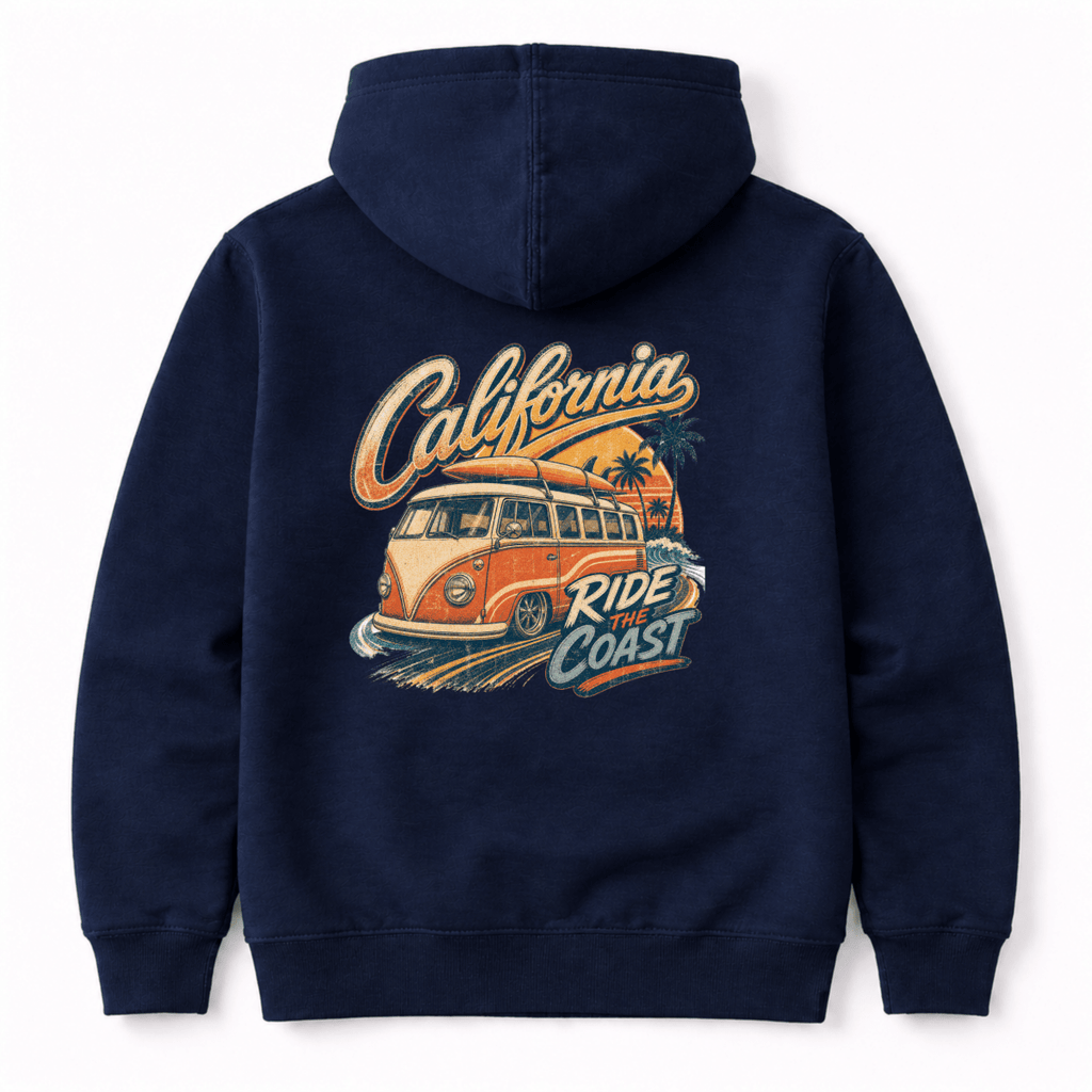 Navy blue hoodie with 'California Ride the Coast' graphic on the back